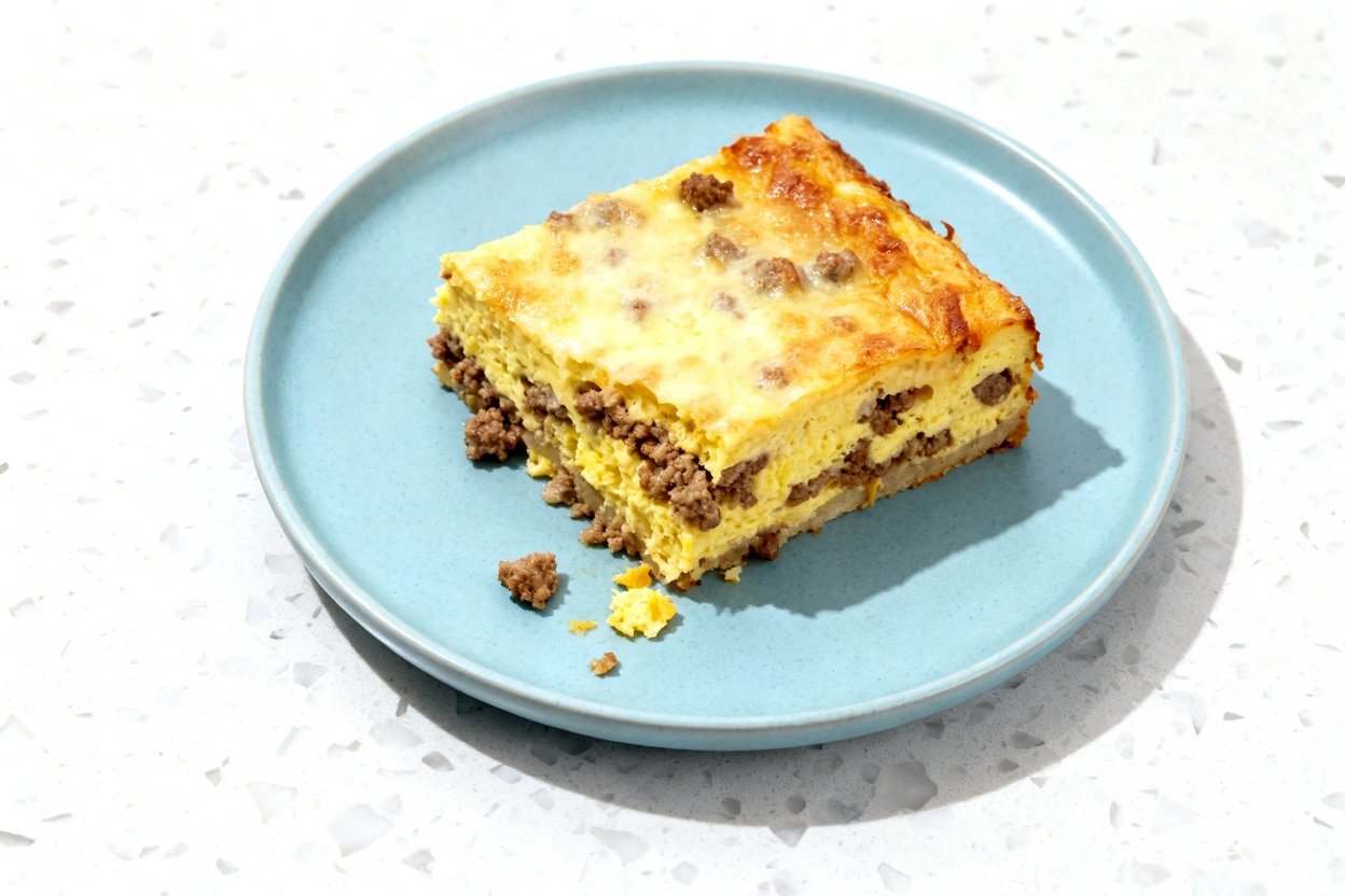 top-down photo of a single serving slice of keto sausage breakfast casserole on an identical light b