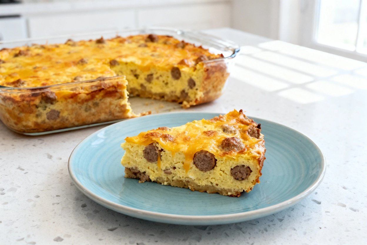 –40 degree camera view of the same keto sausage breakfast casserole, showing the remaining casserole