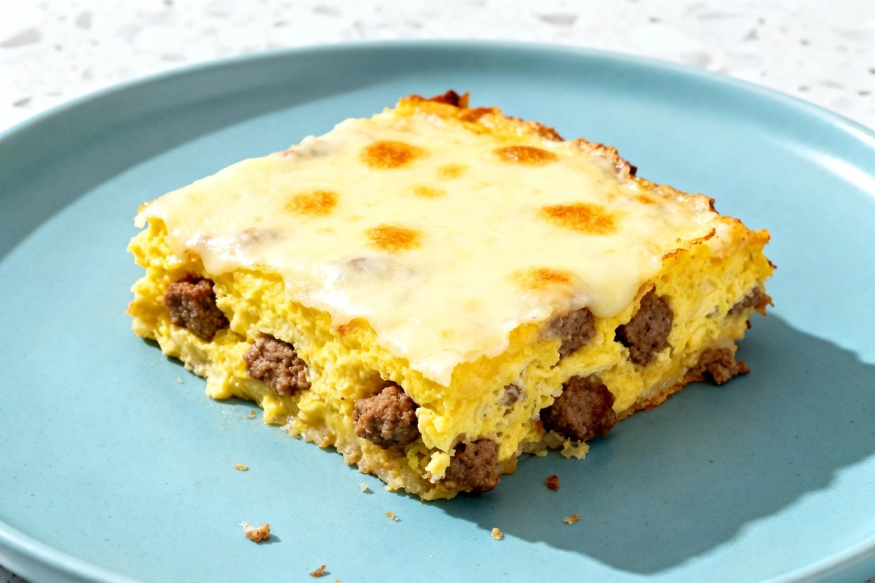  shot at about 30–45 degrees of the same single serving slice of keto sausage breakfast casserole on